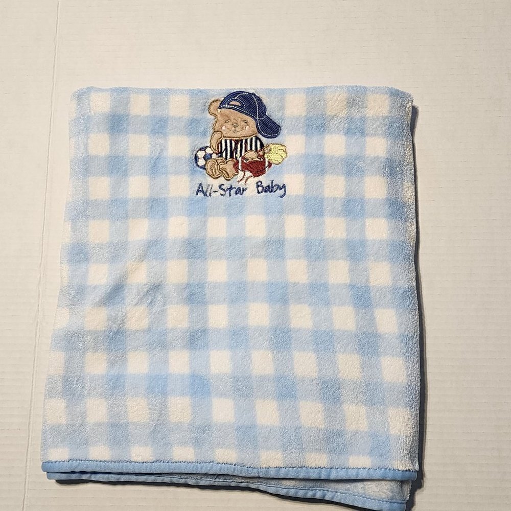 Small Wonders blue white check blanket All Star Baby Bear Football soccer baseb